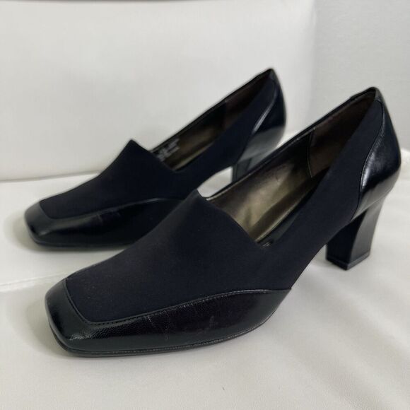 Naturalizer Heeled Loafers Pumps Sz 8.5 Black Leather Block Heels Office Classic - Picture 6 of 16